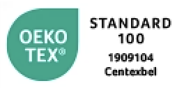 Certificado sello Oeko-Tex Standard 100, que asegura que las prendas han sido tratadas en una producción textil responsable.